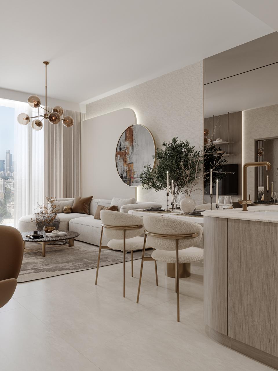 Pearl House 4 By Imtiaz Modern living room with a beige sofa, decorative plants, gold accents, and large windows showcasing a city view.